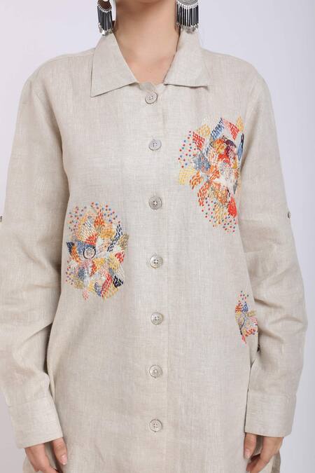 Buy_Linen Bloom_Beige Pure Linen Floral Motifs Spread Collar Embroidered Shacket _Online_at_Aza_Fashions