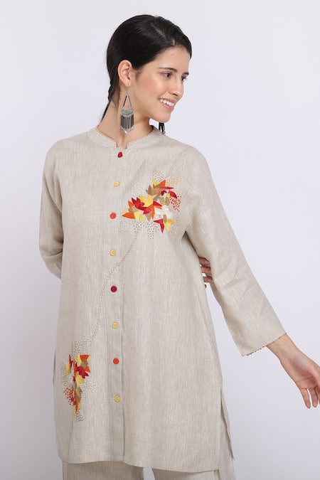 Linen Bloom_Beige Pure Linen Floral Motifs Mandarin Collar Tunic _Online_at_Aza_Fashions