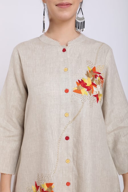 Buy_Linen Bloom_Beige Pure Linen Floral Motifs Mandarin Collar Tunic _Online_at_Aza_Fashions