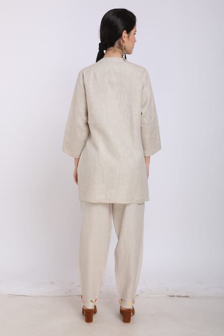 Shop_Linen Bloom_Beige Pure Linen Abstract Motifs Embroidered Pant _at_Aza_Fashions
