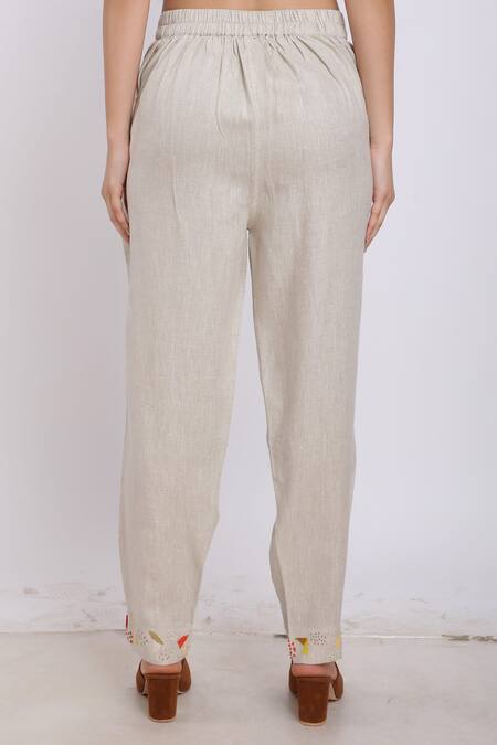 Shop_Linen Bloom_Beige Pure Linen Abstract Motifs Embroidered Pant _Online_at_Aza_Fashions