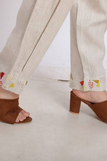 Linen Bloom_Beige Pure Linen Abstract Motifs Embroidered Pant _at_Aza_Fashions