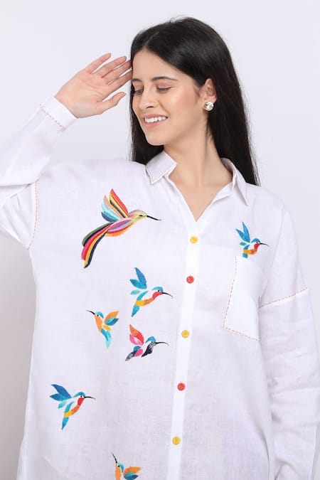 Linen Bloom_White Pure Linen Bird Motifs Shirt Collar Humming Embroidered _Online_at_Aza_Fashions