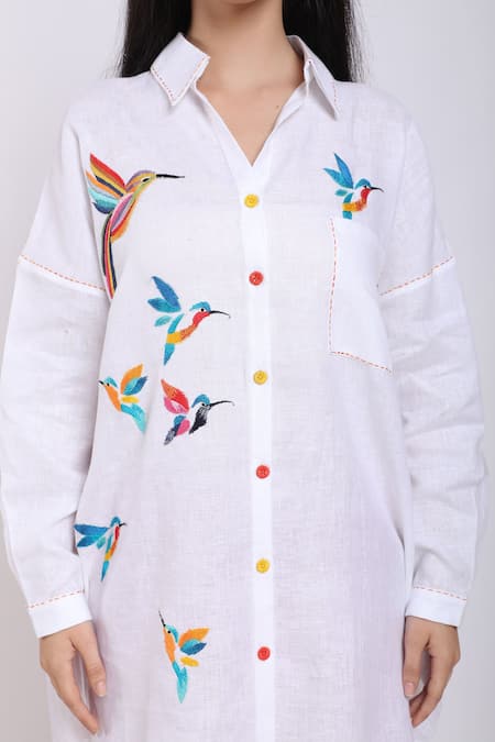 Buy_Linen Bloom_White Pure Linen Bird Motifs Shirt Collar Humming Embroidered _Online_at_Aza_Fashions