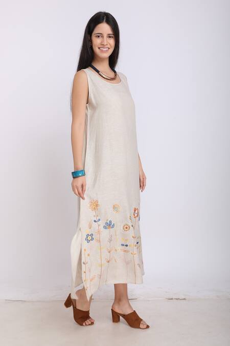 Linen Bloom_Beige Pure Linen Floral Motifs Round Embroidered Dress _Online_at_Aza_Fashions