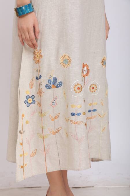 Buy_Linen Bloom_Beige Pure Linen Floral Motifs Round Embroidered Dress _Online_at_Aza_Fashions