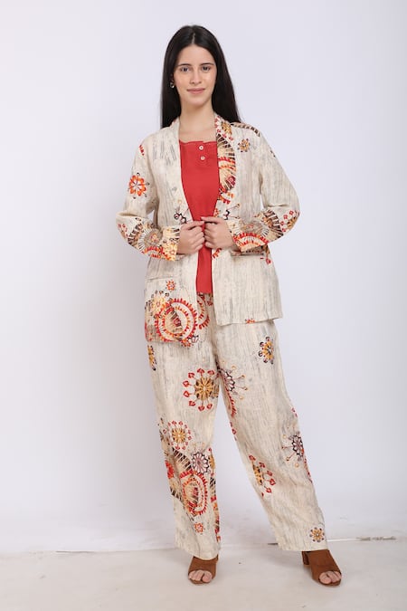Linen Bloom Beige Pure Linen Floral Motifs Print Pant 
