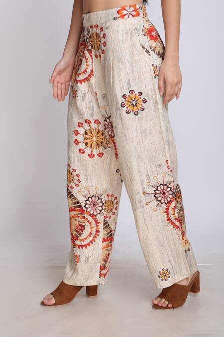 Linen Bloom_Beige Pure Linen Floral Motifs Print Pant _Online_at_Aza_Fashions