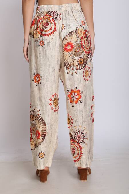 Buy_Linen Bloom_Beige Pure Linen Floral Motifs Print Pant _Online_at_Aza_Fashions