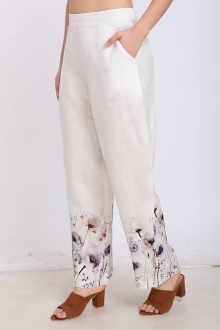 Linen Bloom_White Pure Linen Floral Motifs Print Pant _Online_at_Aza_Fashions