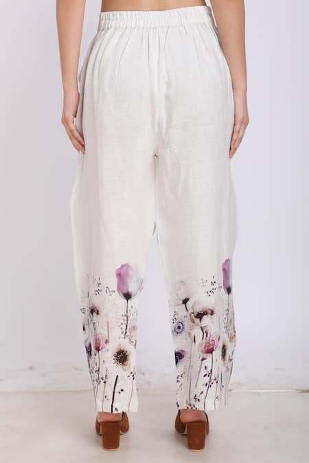 Buy_Linen Bloom_White Pure Linen Floral Motifs Print Pant _Online_at_Aza_Fashions