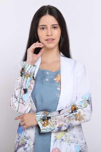 Linen Bloom_White Pure Linen Floral Motifs Front Open Print Blazer _Online_at_Aza_Fashions