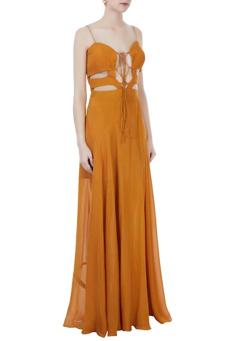 Deme By Gabriella Orange Sweetheart Neck Flared Gown Online at Aza Fashions Deme By Gabriella_Orange Sweetheart Neck Flared Gown_Online_at_Aza_Fashions
