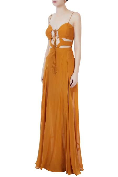 Buy Deme By Gabriella Orange Sweetheart Neck Flared Gown Online at Aza Fashions Buy_Deme By Gabriella_Orange Sweetheart Neck Flared Gown_Online_at_Aza_Fashions