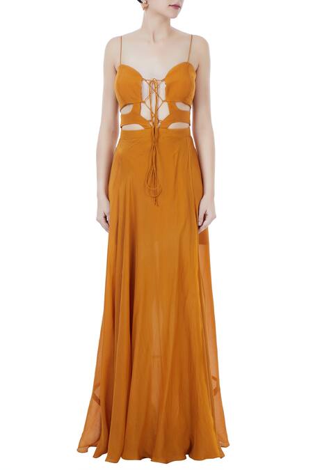 Shop Deme By Gabriella Orange Sweetheart Neck Flared Gown Online at Aza Fashions Shop_Deme By Gabriella_Orange Sweetheart Neck Flared Gown_Online_at_Aza_Fashions