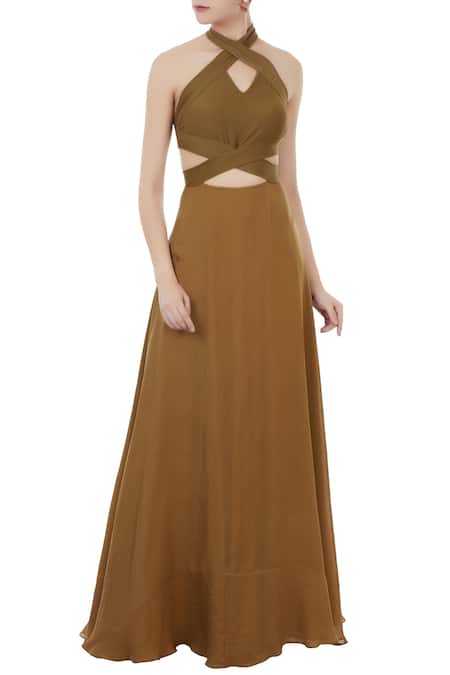 Buy RIBBED BROWN CREW NECK LONG BODYCON DRESS for Women Online in India