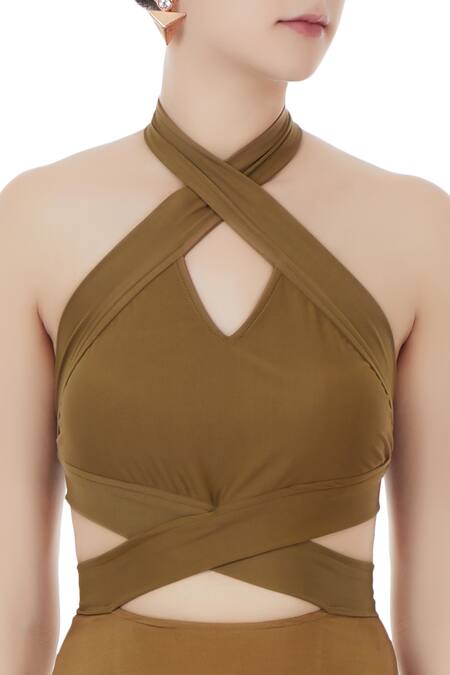 Buy Brown Halter Backless Gown For Women by Deme by Gabriella Online at Aza  Fashions.