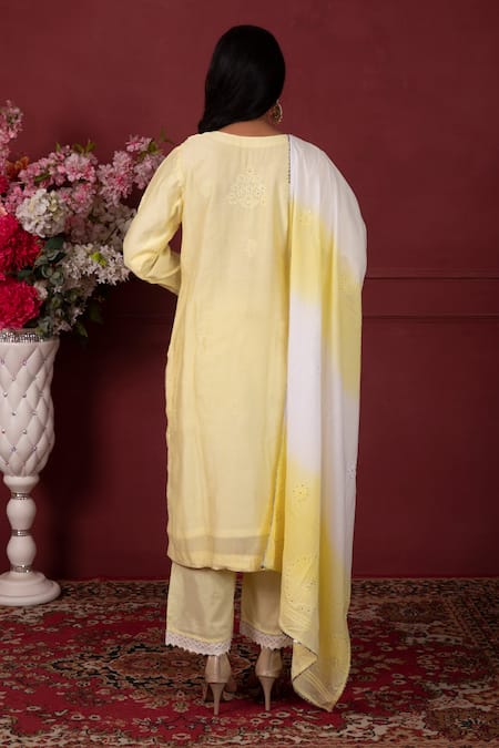 Shop Ruh Clothing Yellow Chanderi, Organic Cotton Chikankari, Swarovski Crystals Floral Kurta Set at Aza Fashions Shop_Ruh Clothing_Yellow Chanderi, Organic Cotton Chikankari, Swarovski Crystals Floral Kurta Set _at_Aza_Fashions