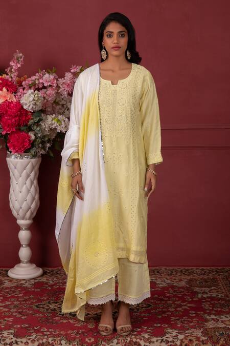Ruh Clothing Yellow Chanderi, Organic Cotton Chikankari, Swarovski Crystals Floral Kurta Set Online at Aza Fashions Ruh Clothing_Yellow Chanderi, Organic Cotton Chikankari, Swarovski Crystals Floral Kurta Set _Online_at_Aza_Fashions