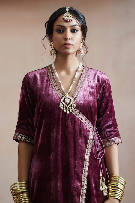 Weaver Story_Purple Velvet, Linen, Cotton Zari, Embroidery Angrakha Kurta And Farshi Pant Set _Online_at_Aza_Fashions