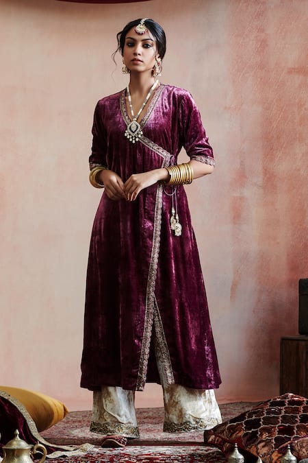 Buy_Weaver Story_Purple Velvet, Linen, Cotton Zari, Embroidery Angrakha Kurta And Farshi Pant Set _Online_at_Aza_Fashions