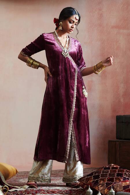 Shop_Weaver Story_Purple Velvet, Linen, Cotton Zari, Embroidery Angrakha Kurta And Farshi Pant Set _Online_at_Aza_Fashions