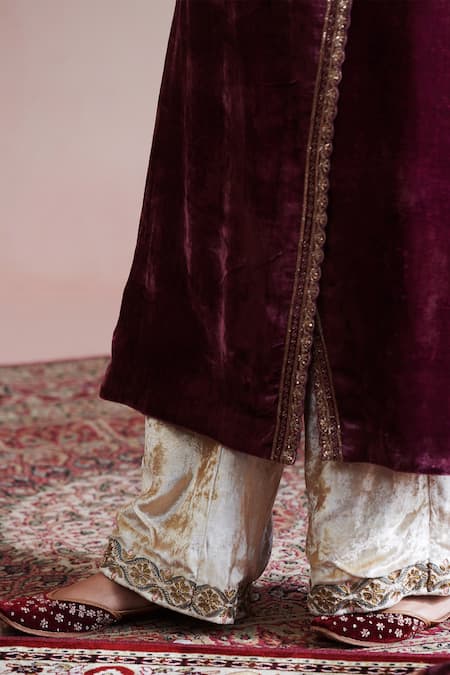 Weaver Story_Purple Velvet, Linen, Cotton Zari, Embroidery Angrakha Kurta And Farshi Pant Set _at_Aza_Fashions