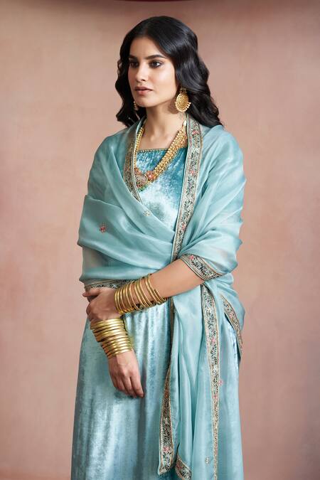 Weaver Story Blue Velvet, Organza, Cotton Embroidery Round Straight Kurta And Farshi Pant Set Online at Aza Fashions Weaver Story_Blue Velvet, Organza, Cotton Embroidery Round Straight Kurta And Farshi Pant Set _Online_at_Aza_Fashions