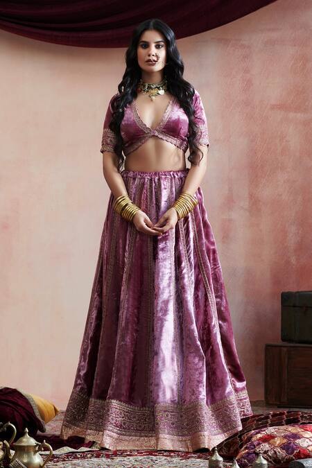 Weaver Story_Purple Velvet, Organza, Cotton Embroidery V-neck Kalidar Lehenga Set _Online_at_Aza_Fashions