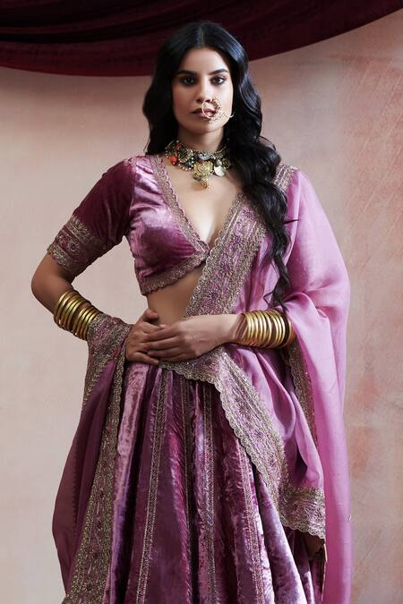 Weaver Story_Purple Velvet, Organza, Cotton Embroidery V-neck Kalidar Lehenga Set _at_Aza_Fashions