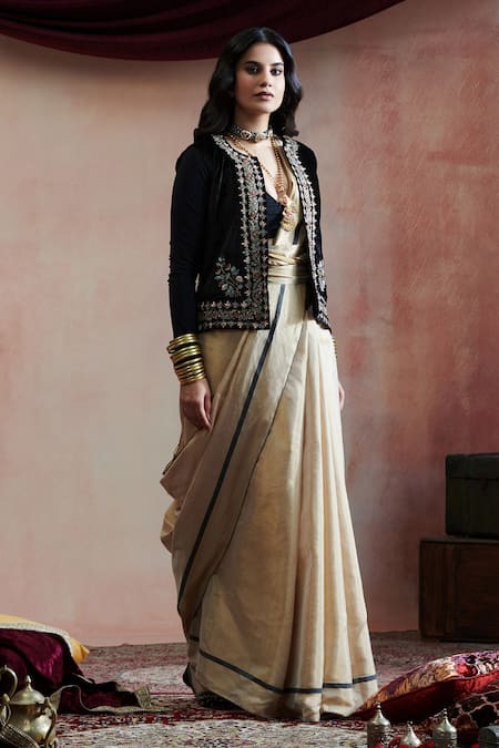 Weaver Story Black Velvet, Cotton Embroidery Open Neck Hand Jacket Online at Aza Fashions Weaver Story_Black Velvet, Cotton Embroidery Open Neck Hand Jacket _Online_at_Aza_Fashions