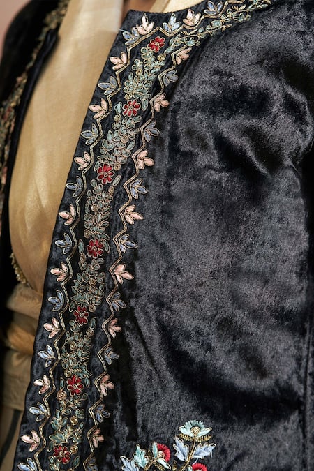 Shop Weaver Story Black Velvet, Cotton Embroidery Open Neck Hand Jacket Online at Aza Fashions Shop_Weaver Story_Black Velvet, Cotton Embroidery Open Neck Hand Jacket _Online_at_Aza_Fashions