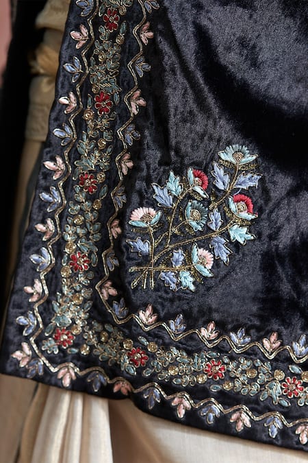 Weaver Story Black Velvet, Cotton Embroidery Open Neck Hand Jacket at Aza Fashions Weaver Story_Black Velvet, Cotton Embroidery Open Neck Hand Jacket _at_Aza_Fashions