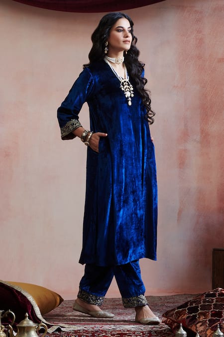 Buy Weaver Story Blue Velvet, Cotton Zari, Embroidery V-neck Straight Kurta And Salwar Set Online at Aza Fashions Buy_Weaver Story_Blue Velvet, Cotton Zari, Embroidery V-neck Straight Kurta And Salwar Set _Online_at_Aza_Fashions