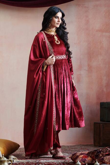 Buy Weaver Story Maroon Velvet, Silk, Cotton Embroidery Round Neck Hand Kurta Set Online at Aza Fashions Buy_Weaver Story_Maroon Velvet, Silk, Cotton Embroidery Round Neck Hand Kurta Set _Online_at_Aza_Fashions