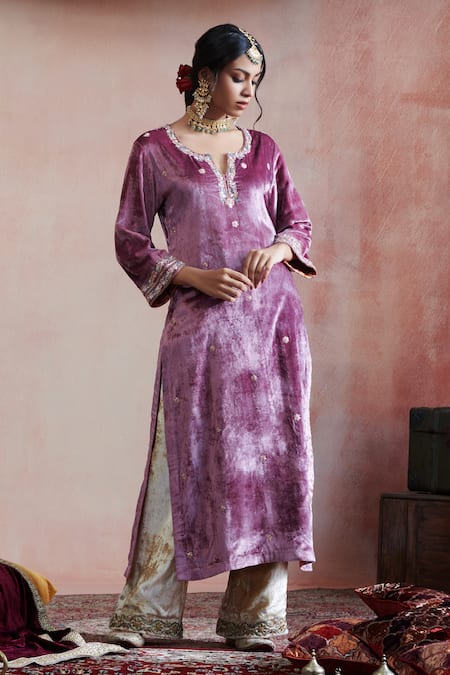 Weaver Story_Purple Velvet, Organza, Cotton Embroidery Split Hand Stitched Straight Kurta Set _Online_at_Aza_Fashions