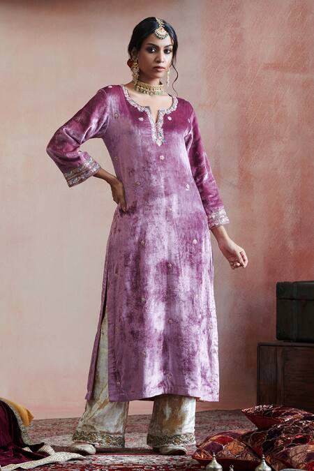Buy_Weaver Story_Purple Velvet, Organza, Cotton Embroidery Split Hand Stitched Straight Kurta Set _Online_at_Aza_Fashions