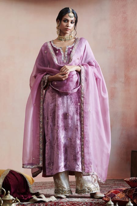 Shop_Weaver Story_Purple Velvet, Organza, Cotton Embroidery Split Hand Stitched Straight Kurta Set _Online_at_Aza_Fashions