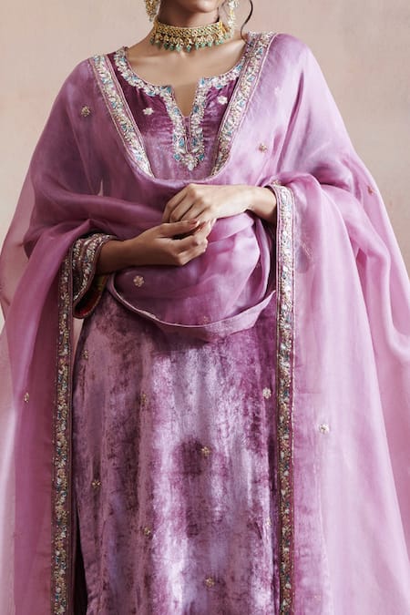 Weaver Story_Purple Velvet, Organza, Cotton Embroidery Split Hand Stitched Straight Kurta Set _at_Aza_Fashions