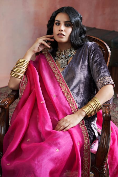 Weaver Story Grey Velvet, Organza, Cotton Embroidery V-neck Kurta Set Online at Aza Fashions Weaver Story_Grey Velvet, Organza, Cotton Embroidery V-neck Kurta Set _Online_at_Aza_Fashions