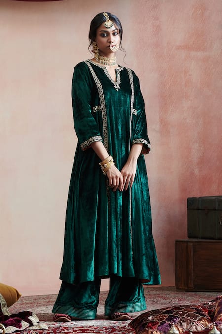Buy Weaver Story Green Velvet, Cotton Zari, Embroidery Split Kalidar Kurta And Farshi Pant Set Online at Aza Fashions Buy_Weaver Story_Green Velvet, Cotton Zari, Embroidery Split Kalidar Kurta And Farshi Pant Set _Online_at_Aza_Fashions