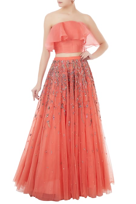 Rajat K Tangri Peach Organza Off Shoulder Lehenga Set