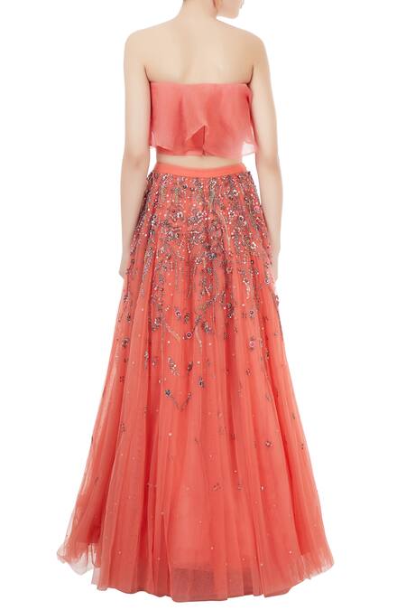 Shop Rajat K Tangri Peach Organza Off Shoulder Lehenga Set at Aza Fashions Shop_Rajat K Tangri_Peach Organza Off Shoulder Lehenga Set_at_Aza_Fashions