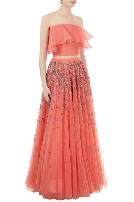 Rajat K Tangri Peach Organza Off Shoulder Lehenga Set Online at Aza Fashions Rajat K Tangri_Peach Organza Off Shoulder Lehenga Set_Online_at_Aza_Fashions