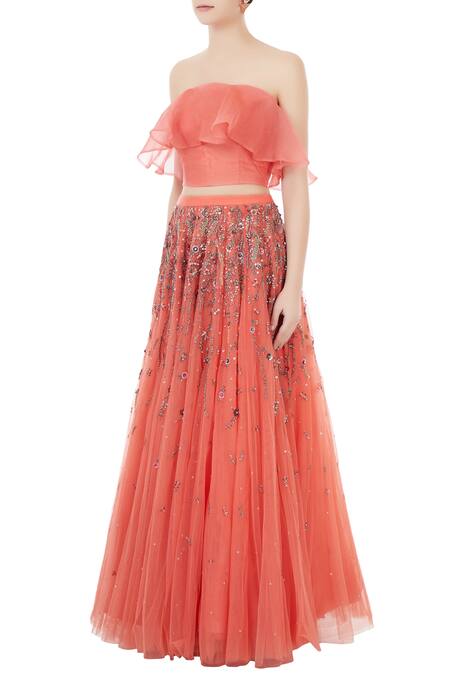 Buy Rajat K Tangri Peach Organza Off Shoulder Lehenga Set Online at Aza Fashions Buy_Rajat K Tangri_Peach Organza Off Shoulder Lehenga Set_Online_at_Aza_Fashions