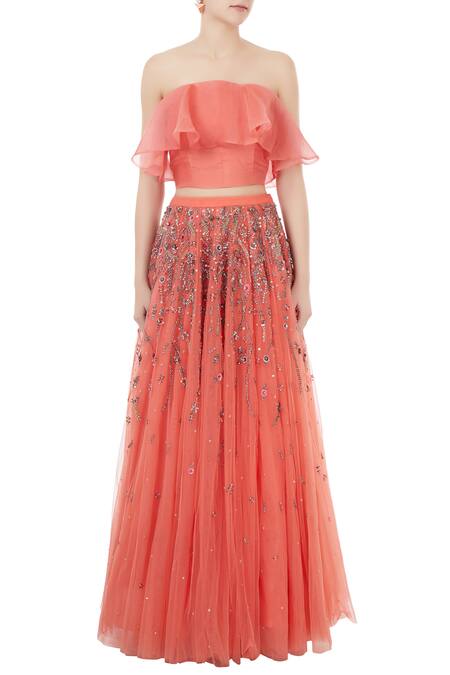 Shop Rajat K Tangri Peach Organza Off Shoulder Lehenga Set Online at Aza Fashions Shop_Rajat K Tangri_Peach Organza Off Shoulder Lehenga Set_Online_at_Aza_Fashions
