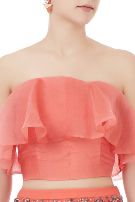 Rajat K Tangri Peach Organza Off Shoulder Lehenga Set at Aza Fashions Rajat K Tangri_Peach Organza Off Shoulder Lehenga Set_at_Aza_Fashions