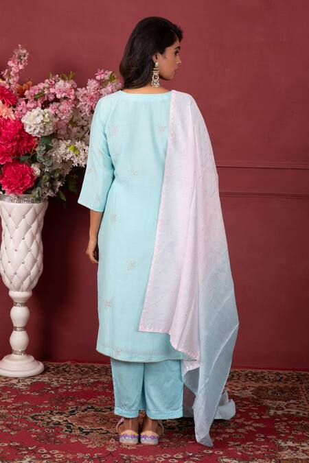 Shop Ruh Clothing Blue Chanderi Chikankari, Mukaish Work, Sequins V Neck Floral Kurta Set at Aza Fashions Shop_Ruh Clothing_Blue Chanderi Chikankari, Mukaish Work, Sequins V Neck Floral Kurta Set _at_Aza_Fashions