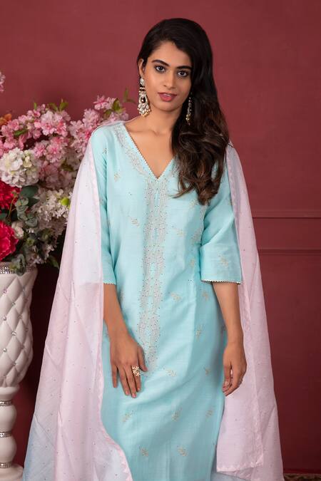 Ruh Clothing Blue Chanderi Chikankari, Mukaish Work, Sequins V Neck Floral Kurta Set Online at Aza Fashions Ruh Clothing_Blue Chanderi Chikankari, Mukaish Work, Sequins V Neck Floral Kurta Set _Online_at_Aza_Fashions