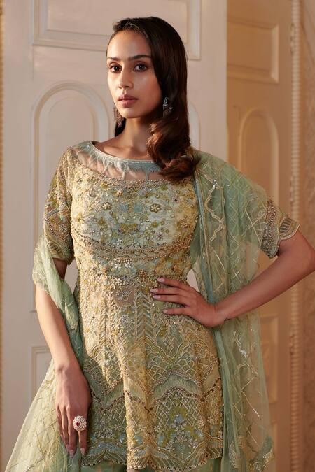 Adaara Couture Green Silk, Brocade, Georgette Hand Embroidered Short Kurta Sharara Set Online at Aza Fashions Adaara Couture_Green Silk, Brocade, Georgette Hand Embroidered Short Kurta Sharara Set _Online_at_Aza_Fashions